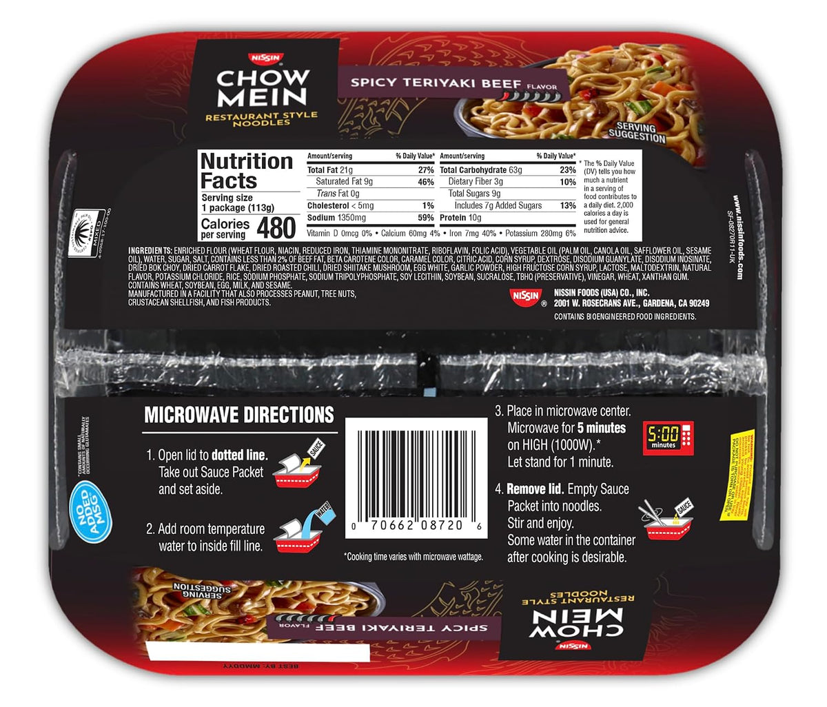 Nissin chow mein noodles with vegetables and sauce
