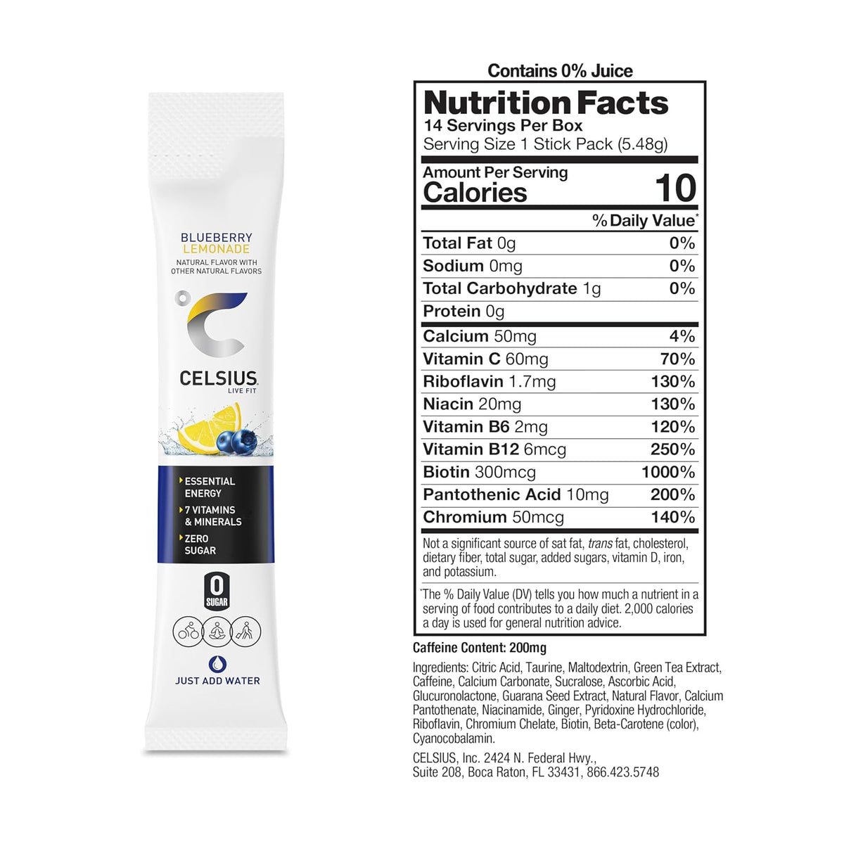 Sugar free CELSIUS powdered drink mix for travel