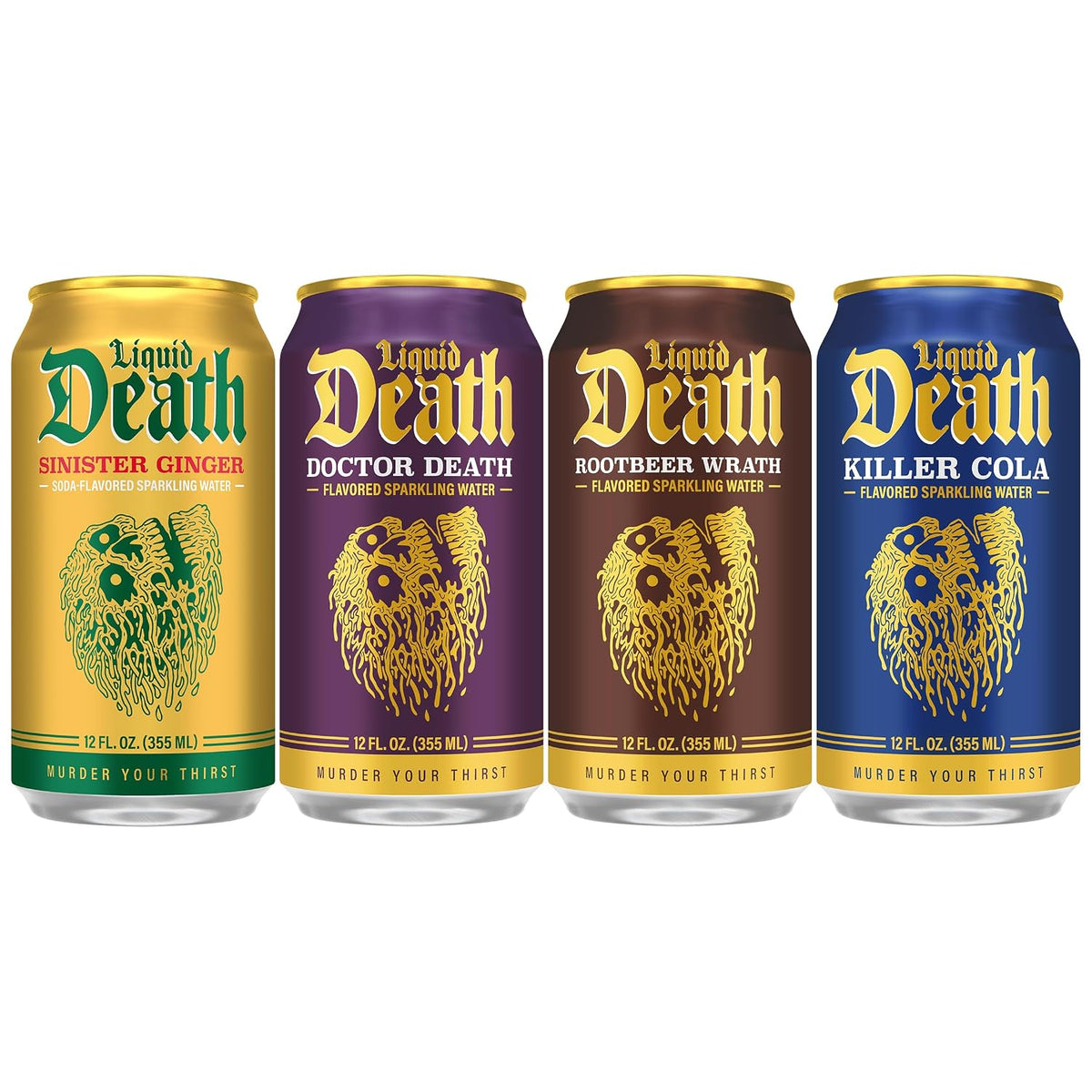 Liquid Death Sinister Ginger Doctor Death Cola Root Beer cans