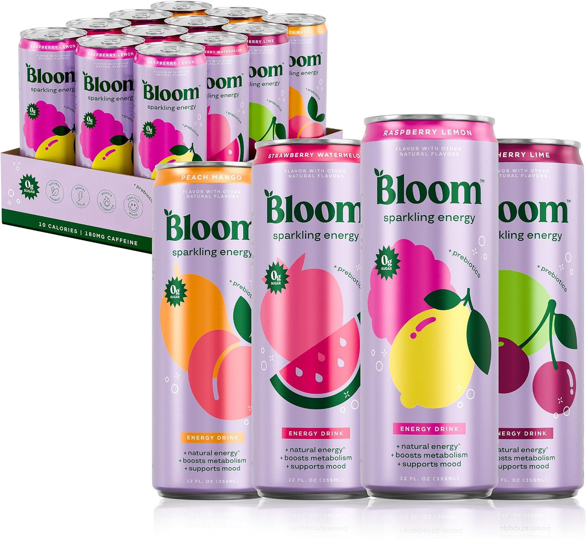 Bloom Nutrition 12 oz sparkling energy drink cans
