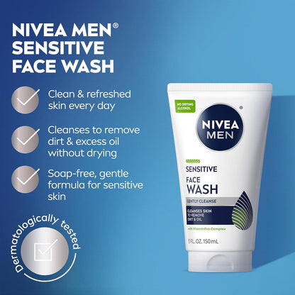 Visit the NIVEA MEN Store — NIVEA MEN Sensitive Face Wash with Vitamin E and Chamomile Extract, No Drying Alcohol, Gentle Face Wash for Men with Sensitive Skin, 5 Fl Oz Tube