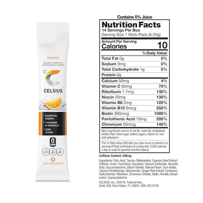 Sugar-free CELSIUS orange drink mix packets