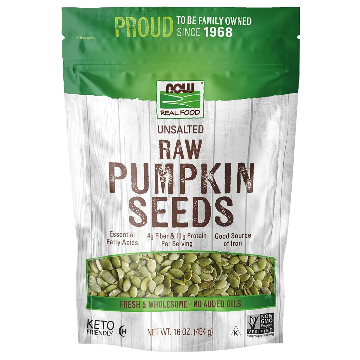 Certified Non-GMO pumpkin seeds package by NOW Foods