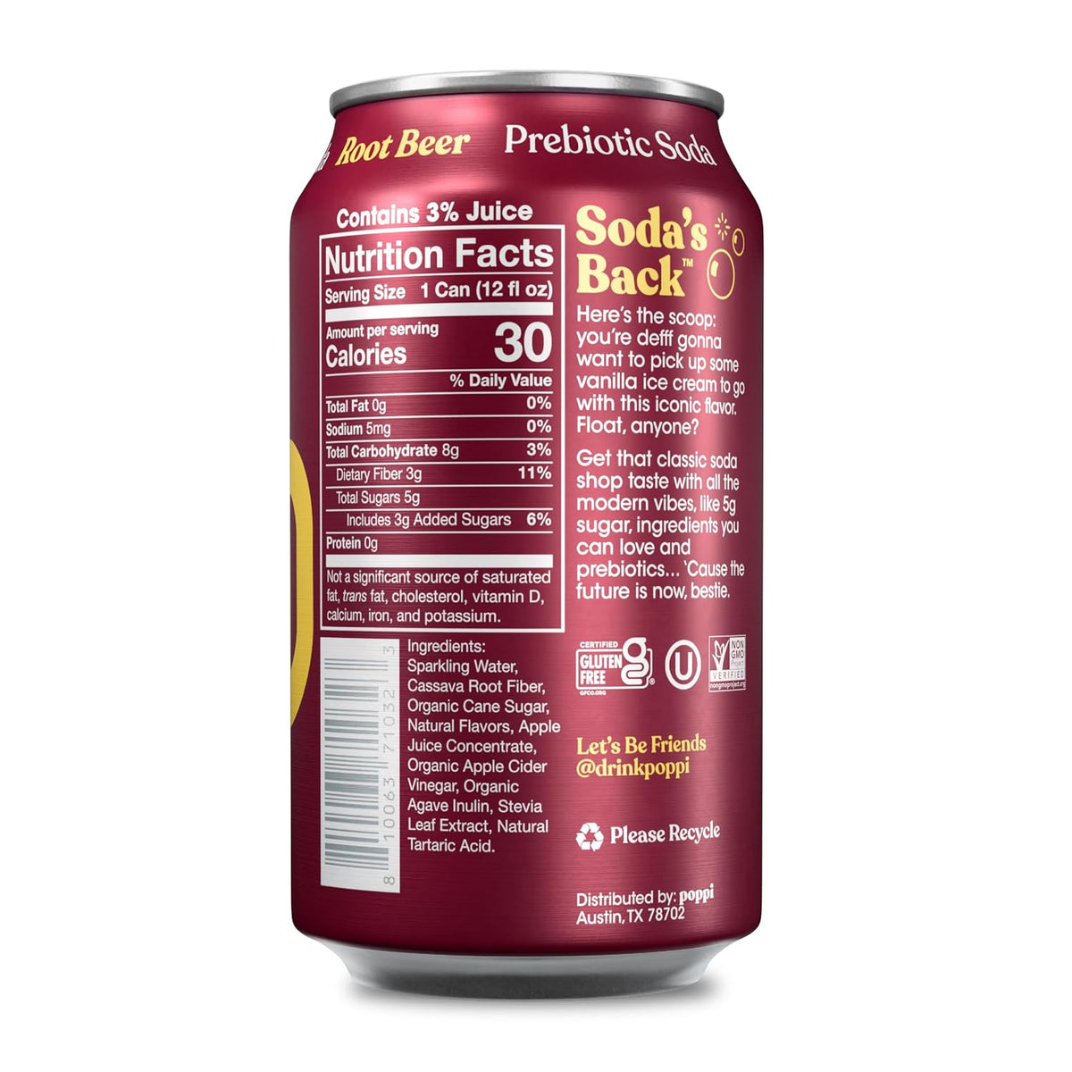 Root beer prebiotic soda 12 oz cans by poppi