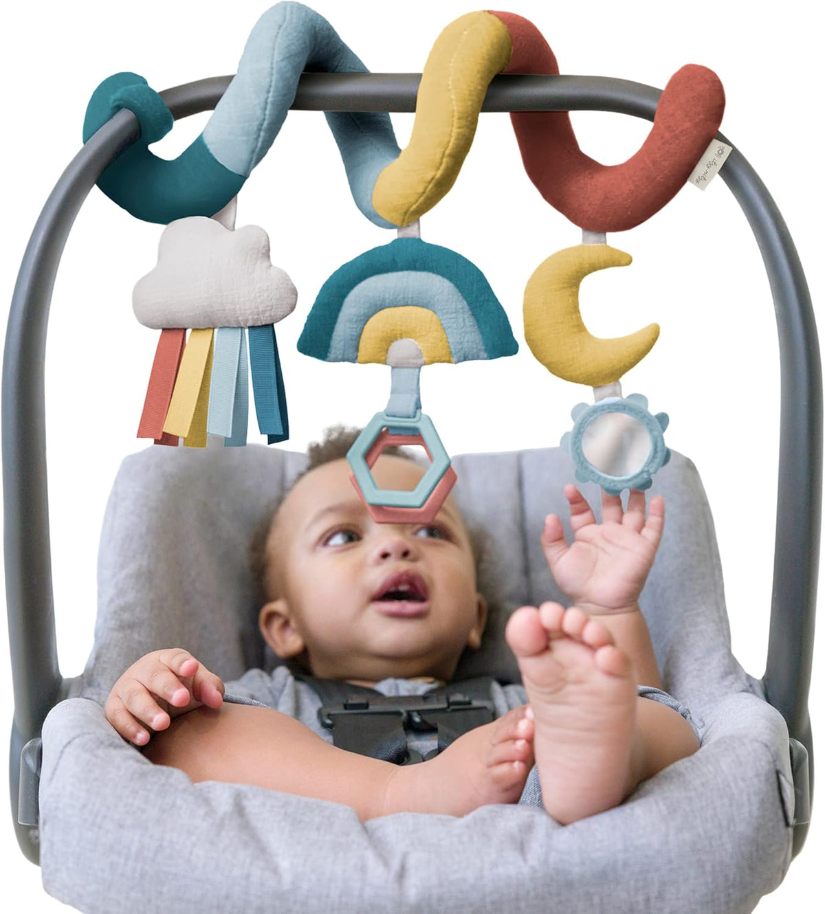 Rainbow baby stroller toy with dangling ring and mirror