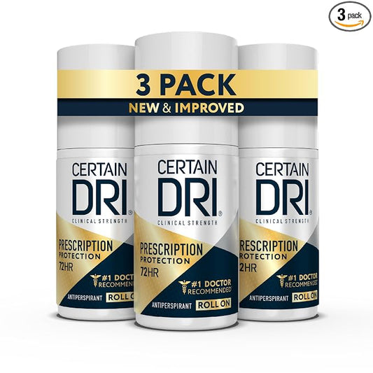 Certain Dri Rx Strength clinical antiperspirant roll-on three-pack
