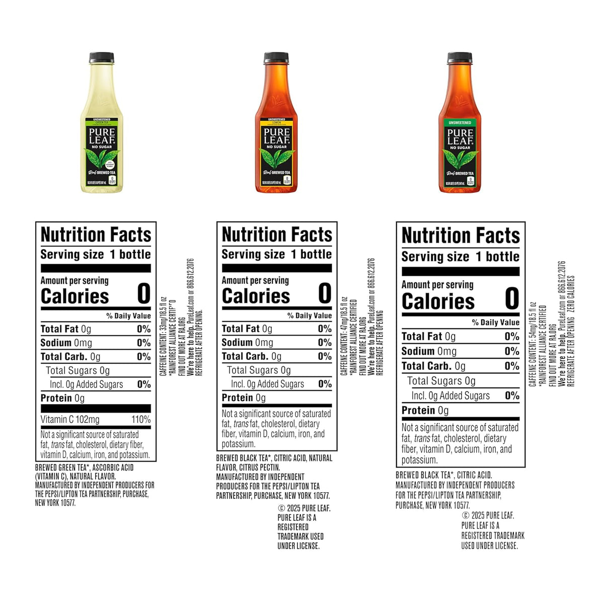 Pure Leaf zero-sugar, zero-calorie iced tea bottles