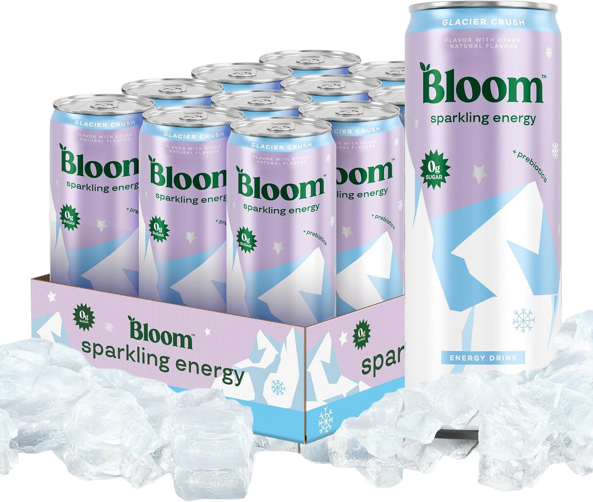 Bloom Nutrition sparkling energy drink cans in Glacier Crush