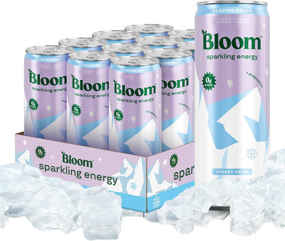 Bloom Nutrition sparkling energy drink cans in Glacier Crush