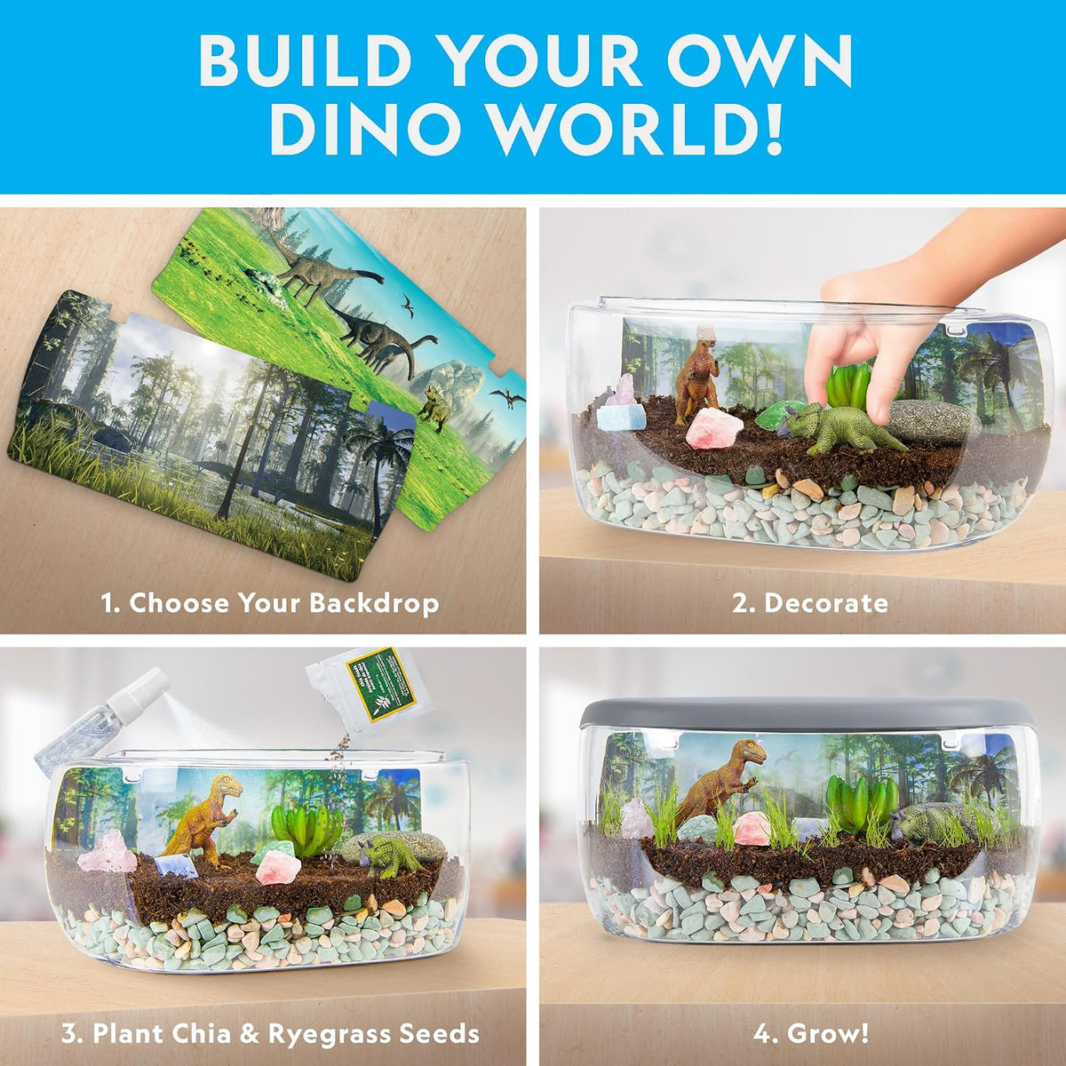 Light-up dinosaur terrarium kit with grass-growing supplies