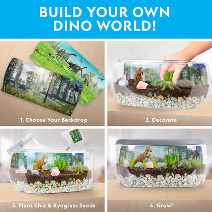 Light-up dinosaur terrarium kit with grass-growing supplies