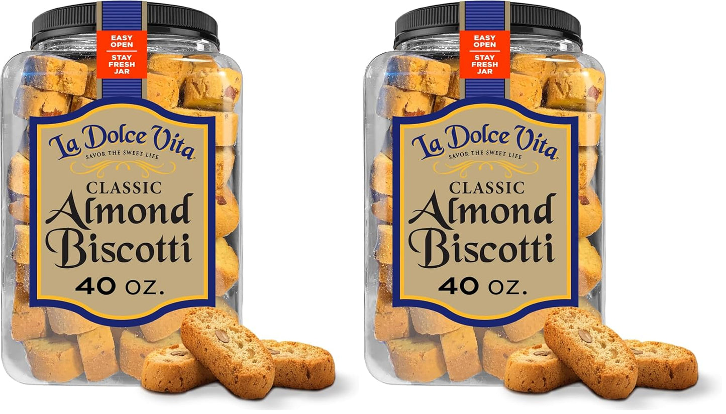 La Dolce Vita Classic Almond Italian Biscotti Cookie Snacks with Whole Almonds, 40 oz. Jar, 30 Servings (Pack of 1)