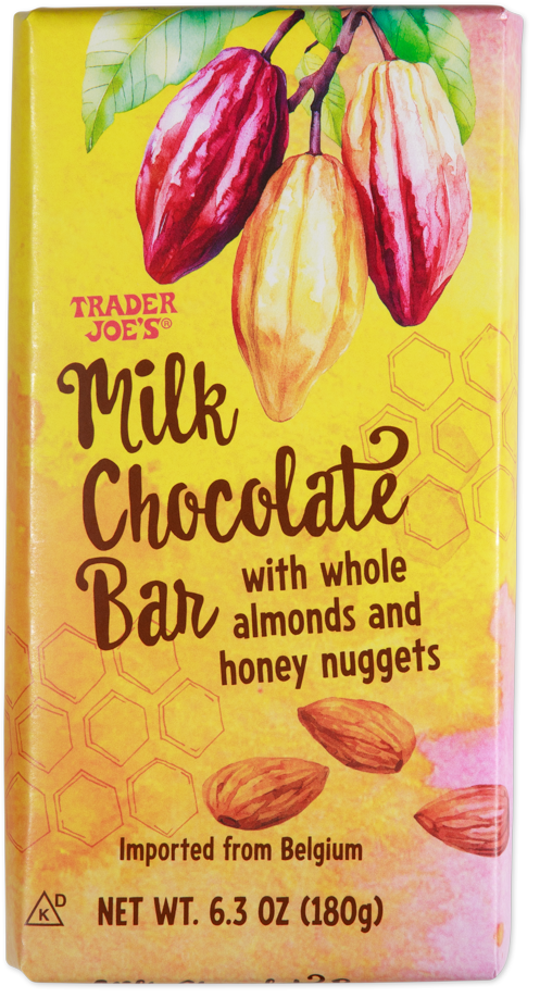 Trader Joe's milk chocolate bar with almonds and honey nuggets