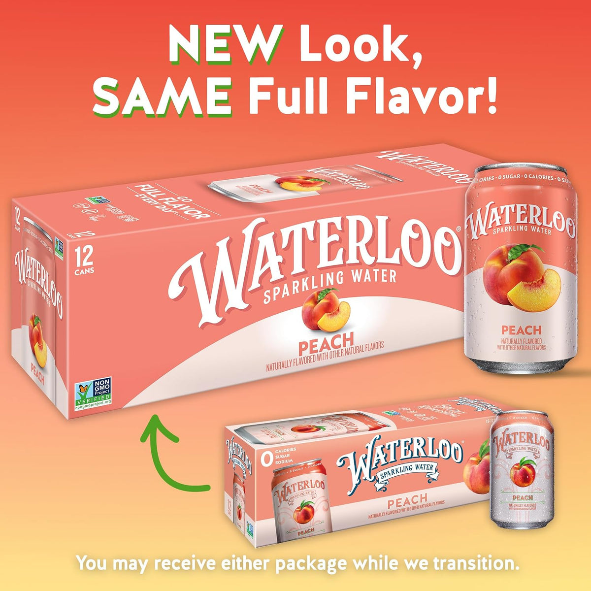 Peach flavored sparkling water cans by Waterloo