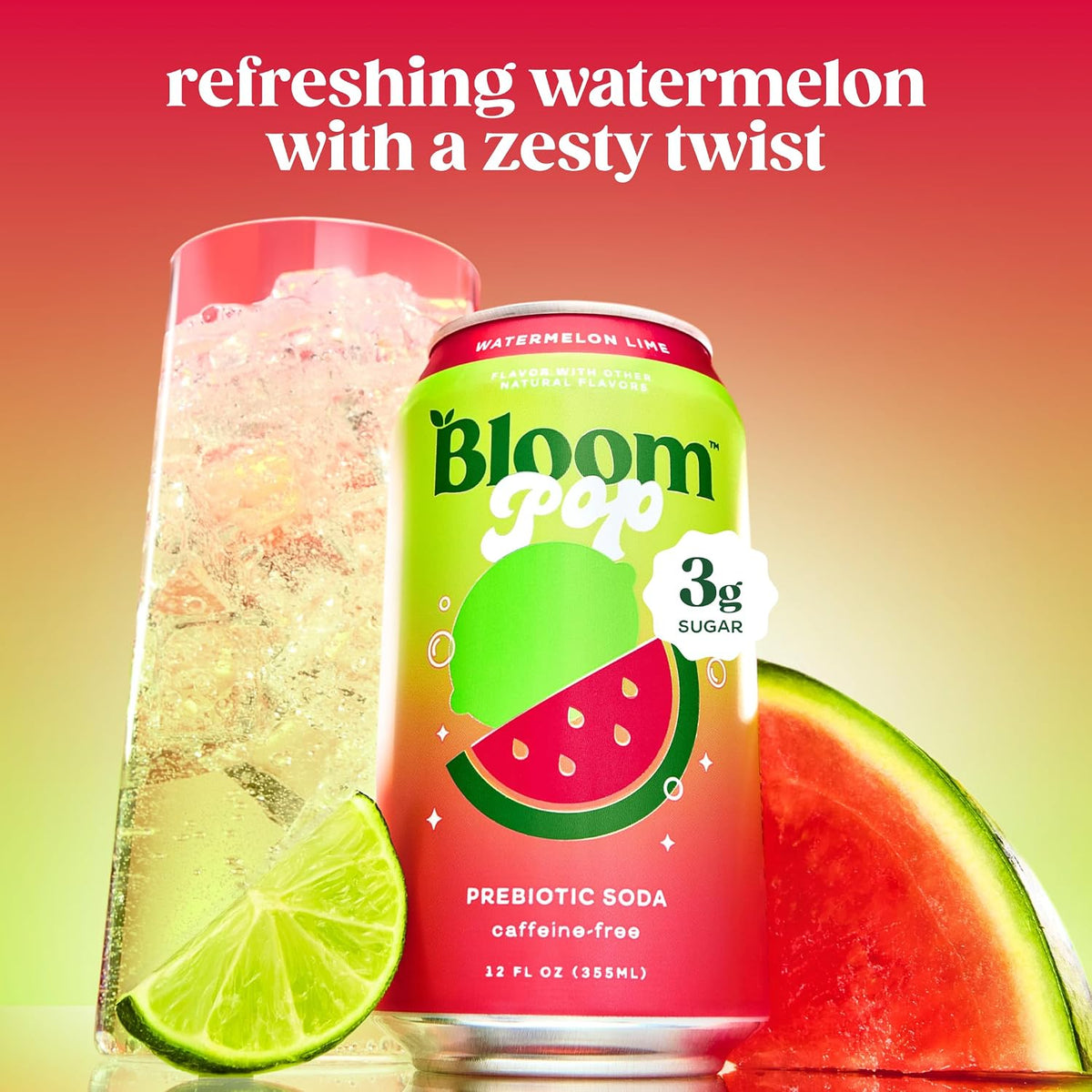Bloom Nutrition Watermelon Lime prebiotic soda 12-pack