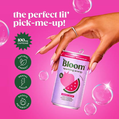 Bloom sparkling energy drink cans with fruit flavors