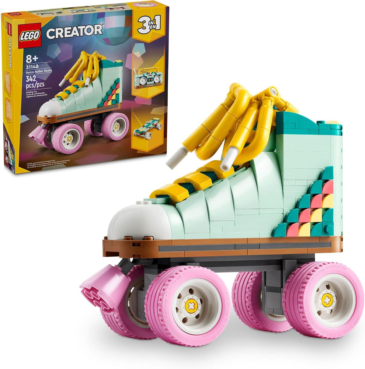 Colorful LEGO roller skate toy with moving wheels