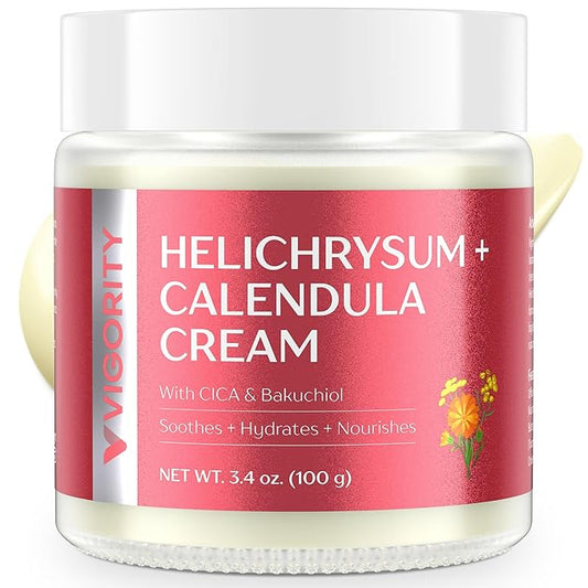 Visit the Vigority Store — Vigority Calendula Cream: Soothes Calendula Cream for Mature, Thin & Fragile Skin with Helichrysum, Bakuchiol & CICA - Hydrates, Nourishes & Strengthens Skin Barrier - Non-greasy Fragrance Free 3.4oz