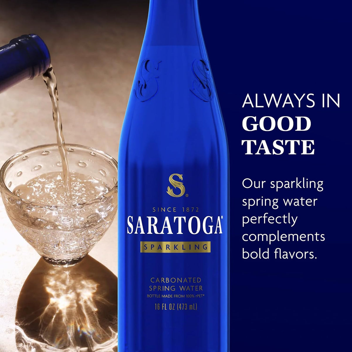 Cobalt blue Saratoga sparkling spring water bottles