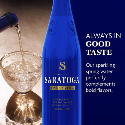 Cobalt blue Saratoga sparkling spring water bottles