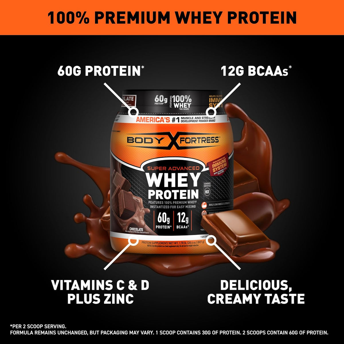 Body Fortress whey protein chocolate front label