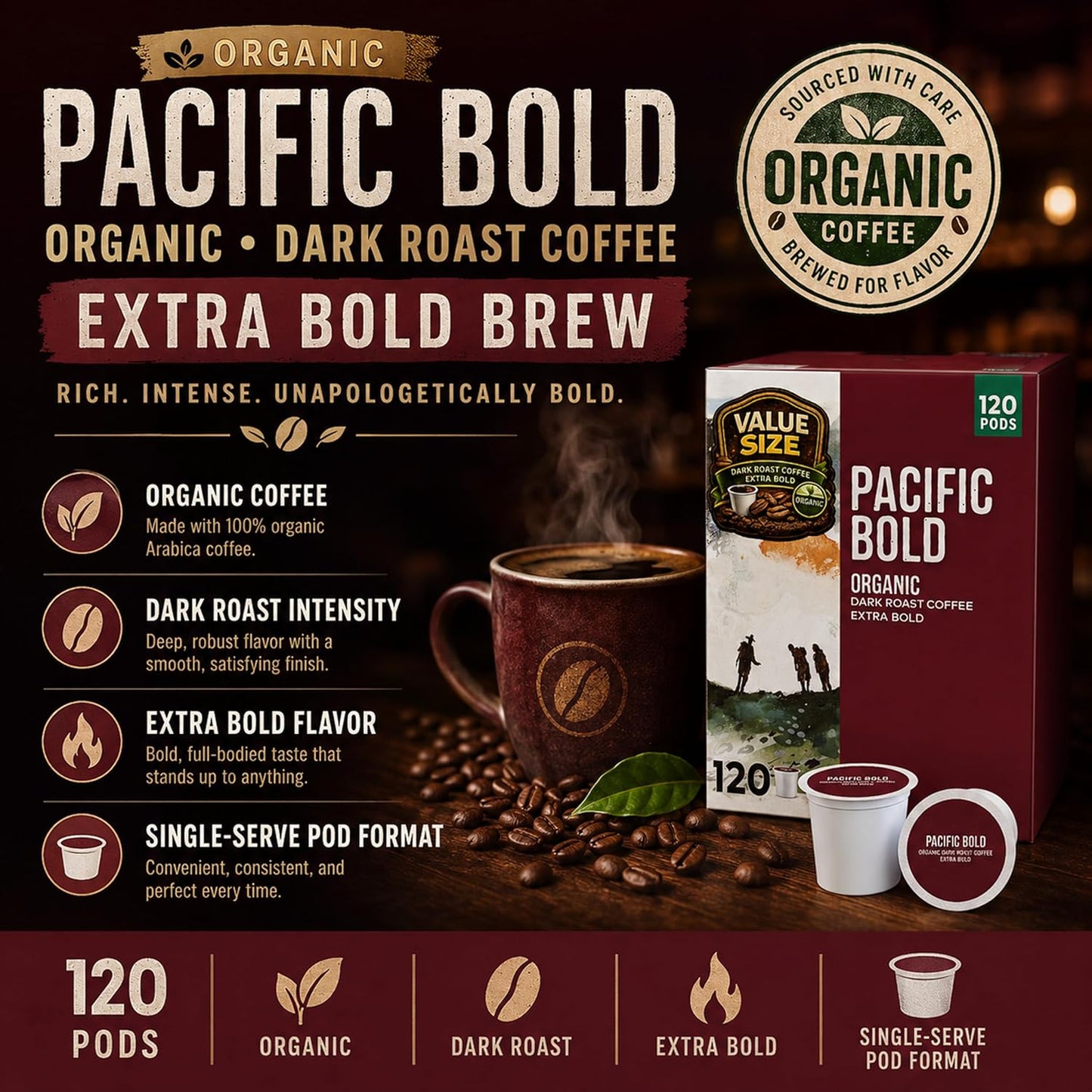 Organic Pacific Bold K Cup Coffee Pods, 120 CT, Extra Bold, Dark Coffee