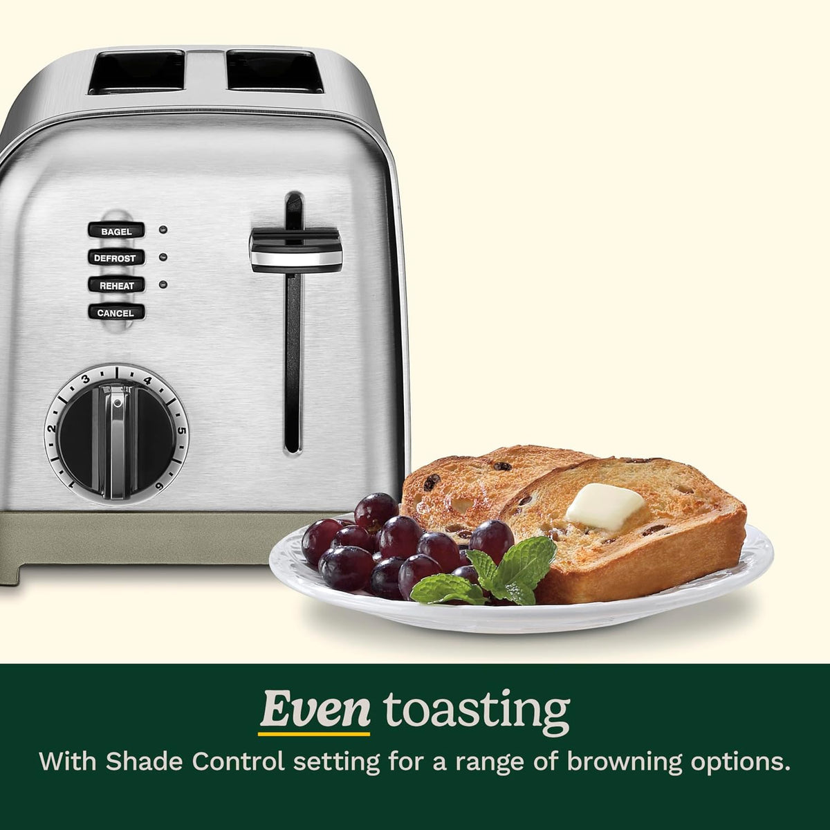 Two-slice stainless steel toaster with controls