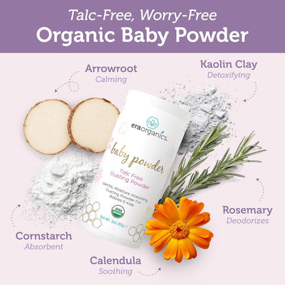 Visit the Era Organics Store — Era Organics Talc-Free Organic Baby Powder - USDA Organic Dusting Powder with Arrowroot, Calendula and Cornstarch for Newborns, Babies or Toddlers - Soothing, Fragrance Free, Made in USA (3oz/85g)
