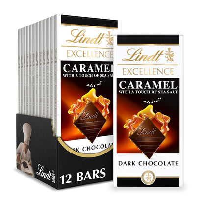Lindt dark chocolate bar with caramel pieces and sea salt