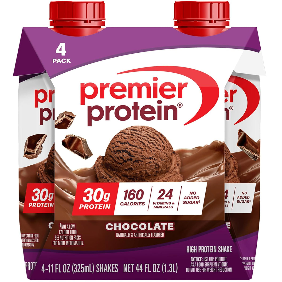 Chocolate Premier Protein shake bottles with 30g protein