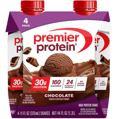 Chocolate Premier Protein shake bottles with 30g protein