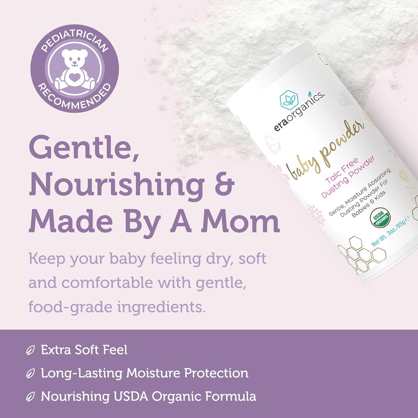Visit the Era Organics Store — Era Organics Talc-Free Organic Baby Powder - USDA Organic Dusting Powder with Arrowroot, Calendula and Cornstarch for Newborns, Babies or Toddlers - Soothing, Fragrance Free, Made in USA (3oz/85g)