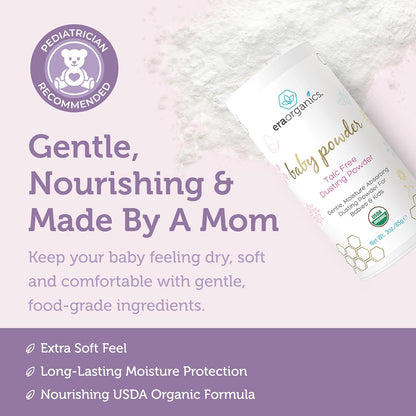 Visit the Era Organics Store — Era Organics Talc-Free Organic Baby Powder - USDA Organic Dusting Powder with Arrowroot, Calendula and Cornstarch for Newborns, Babies or Toddlers - Soothing, Fragrance Free, Made in USA (3oz/85g)
