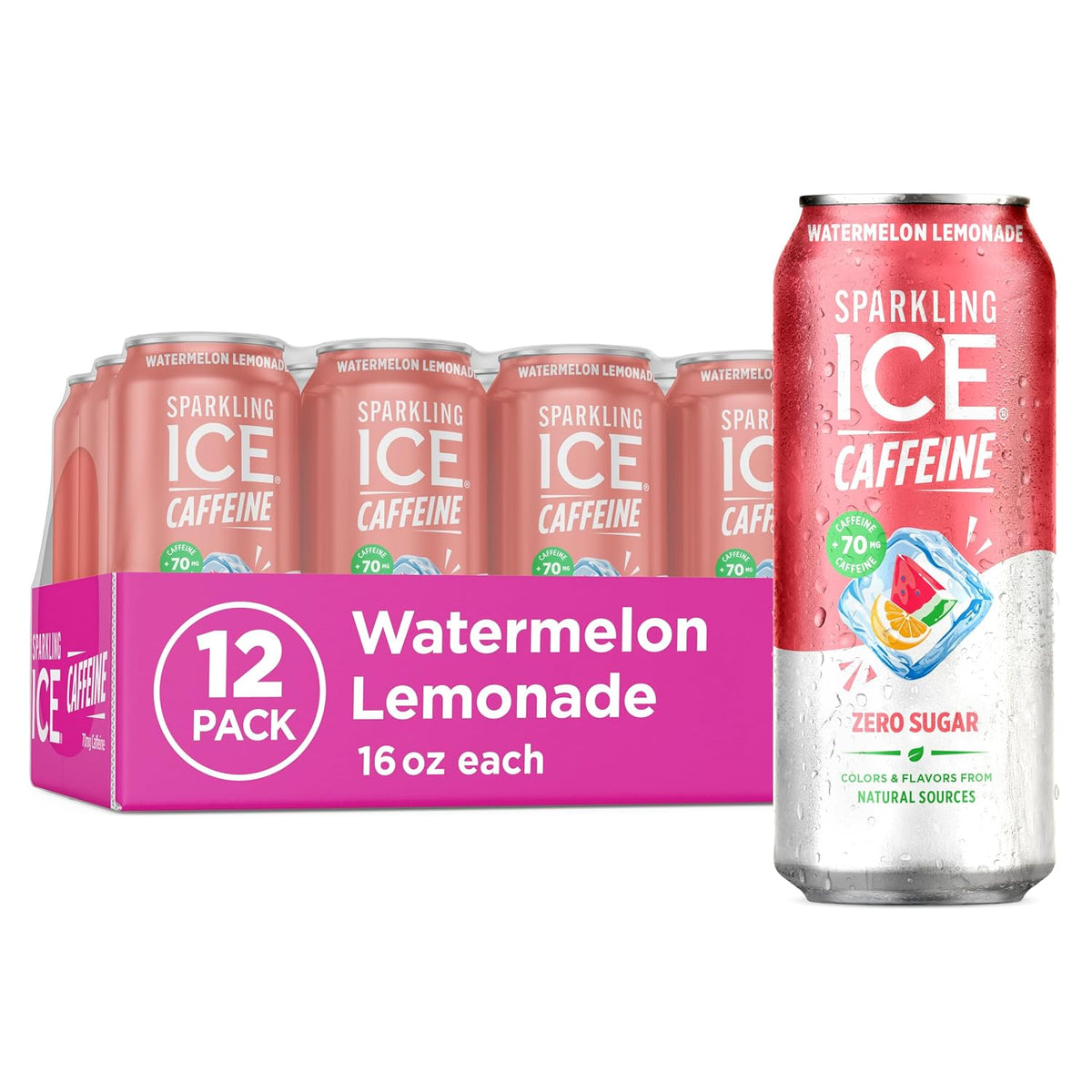 Watermelon lemonade sparkling water with caffeine cans