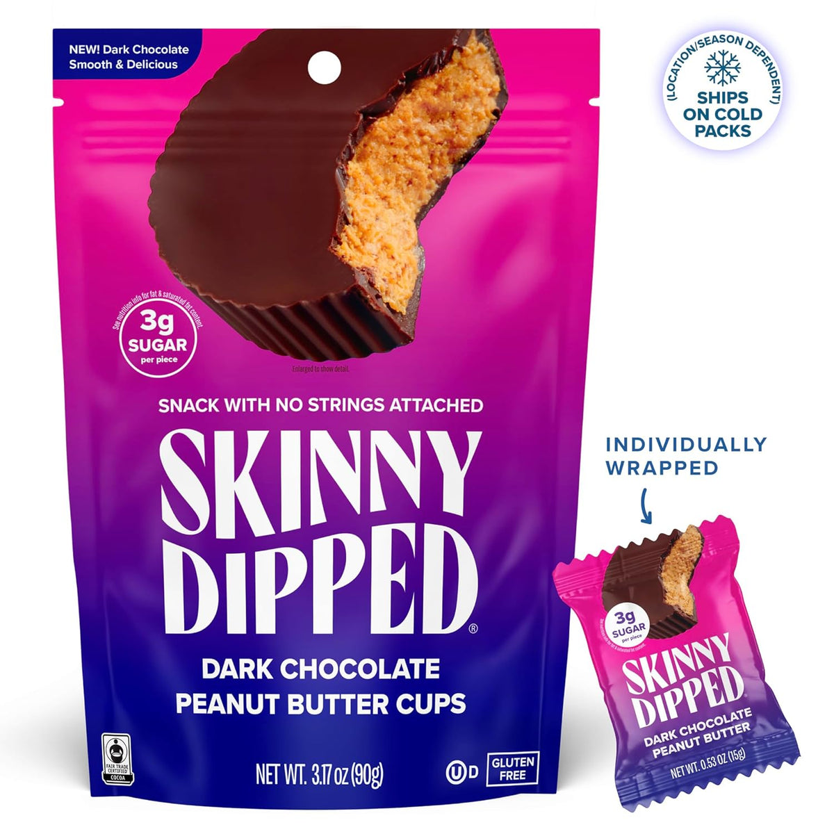 Dark chocolate peanut butter cup candy snack bag