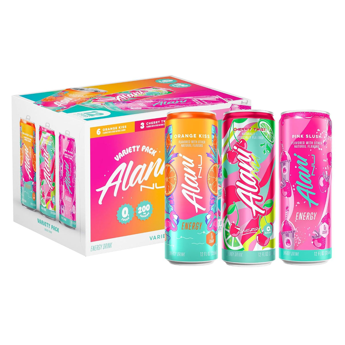 Alani Nu Cherry Twist Pink Slush Orange Kiss energy drinks