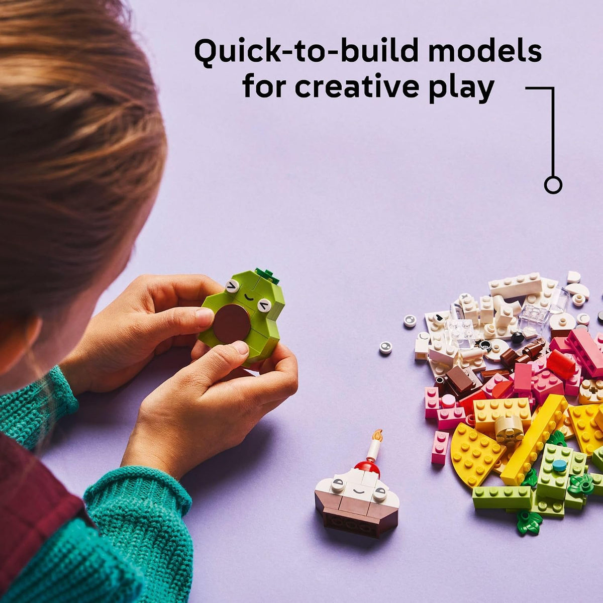Colorful LEGO pretend play food pieces and characters