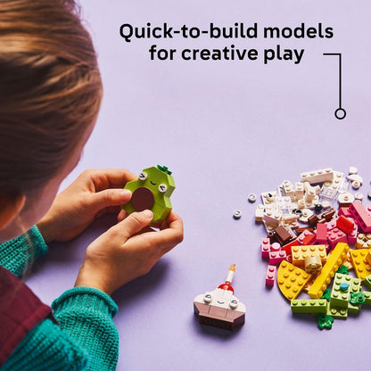 Colorful LEGO pretend play food pieces and characters