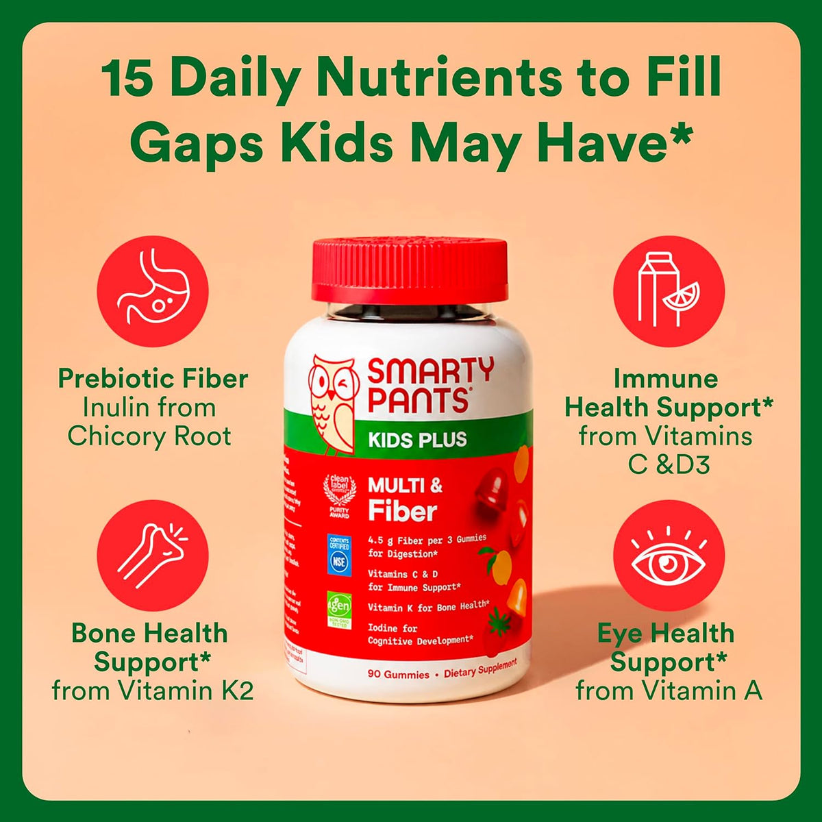 SmartyPants Kids Plus Multi and Fiber supplement front label