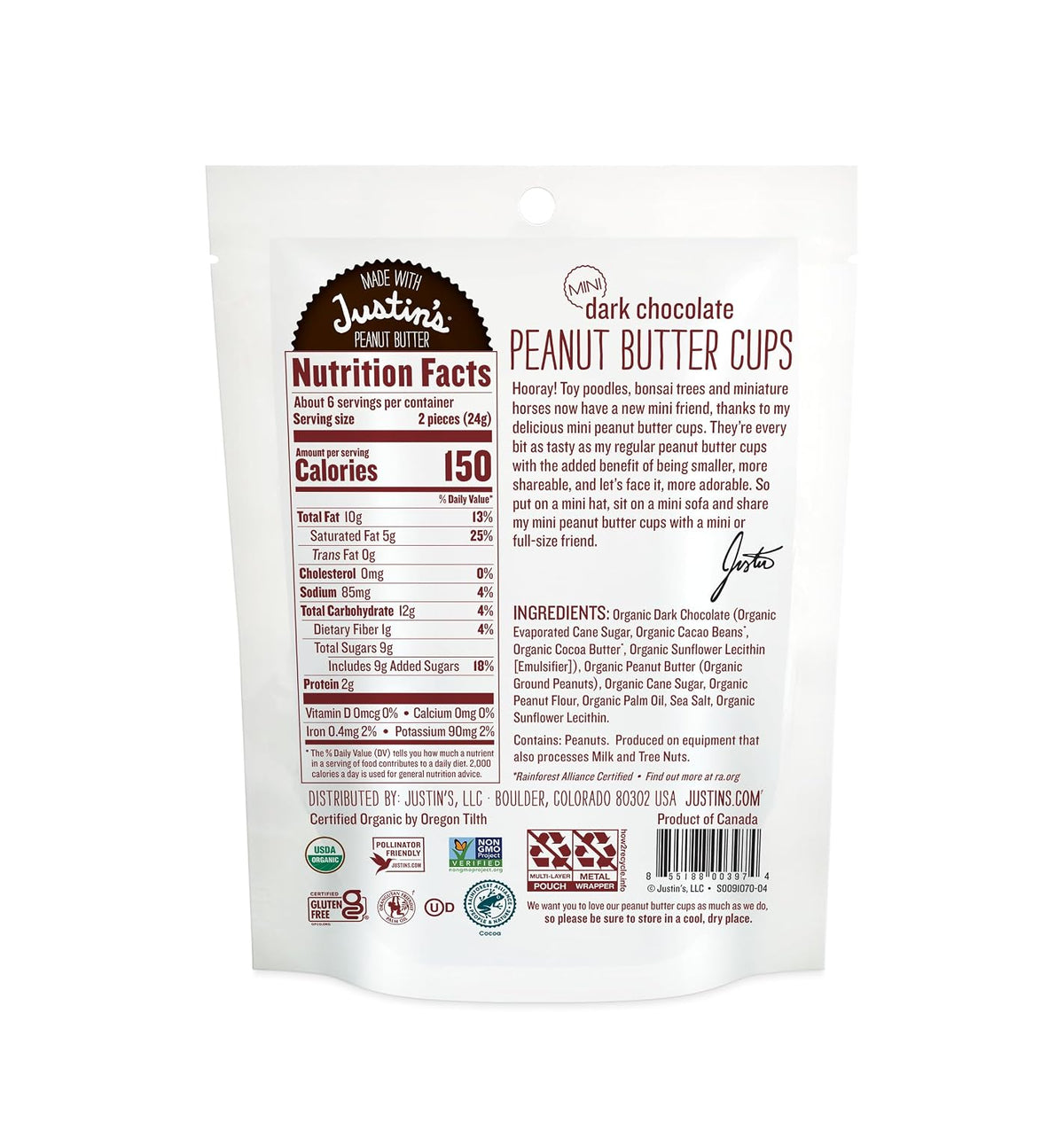 Justin's dark chocolate peanut butter cups snack packaging
