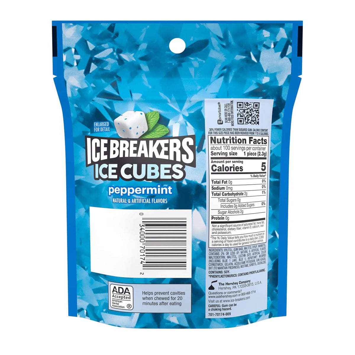 Sugar free peppermint gum cubes in pouch packaging