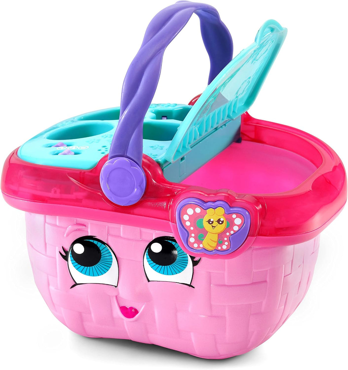 Interactive shape sorting picnic basket toy in pink