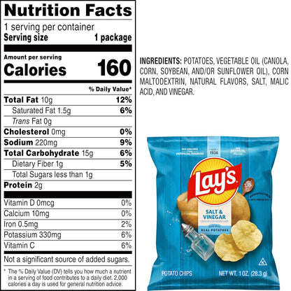 Individual snack bags of Lay's Salt & Vinegar chips