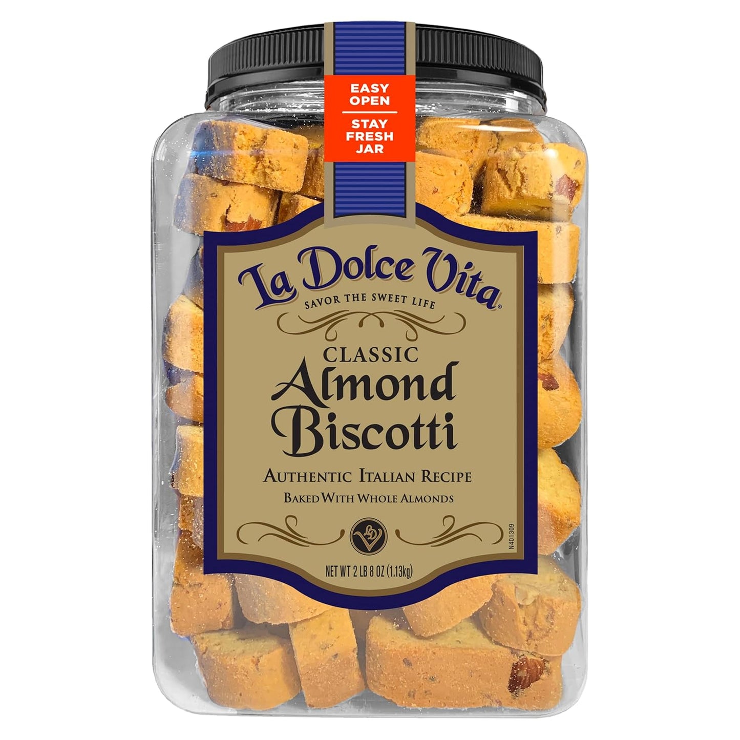 La Dolce Vita Classic Almond Italian Biscotti Cookie Snacks with Whole Almonds, 40 oz. Jar, 30 Servings (Pack of 1)
