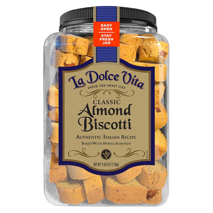 La Dolce Vita Classic Almond Italian Biscotti Cookie Snacks with Whole Almonds, 40 oz. Jar, 30 Servings (Pack of 1)