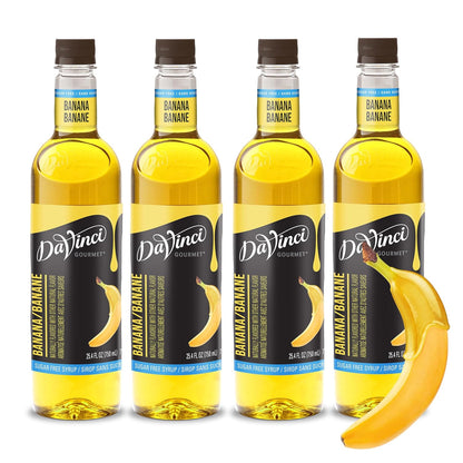 Banana flavored sugar-free beverage syrup bottles