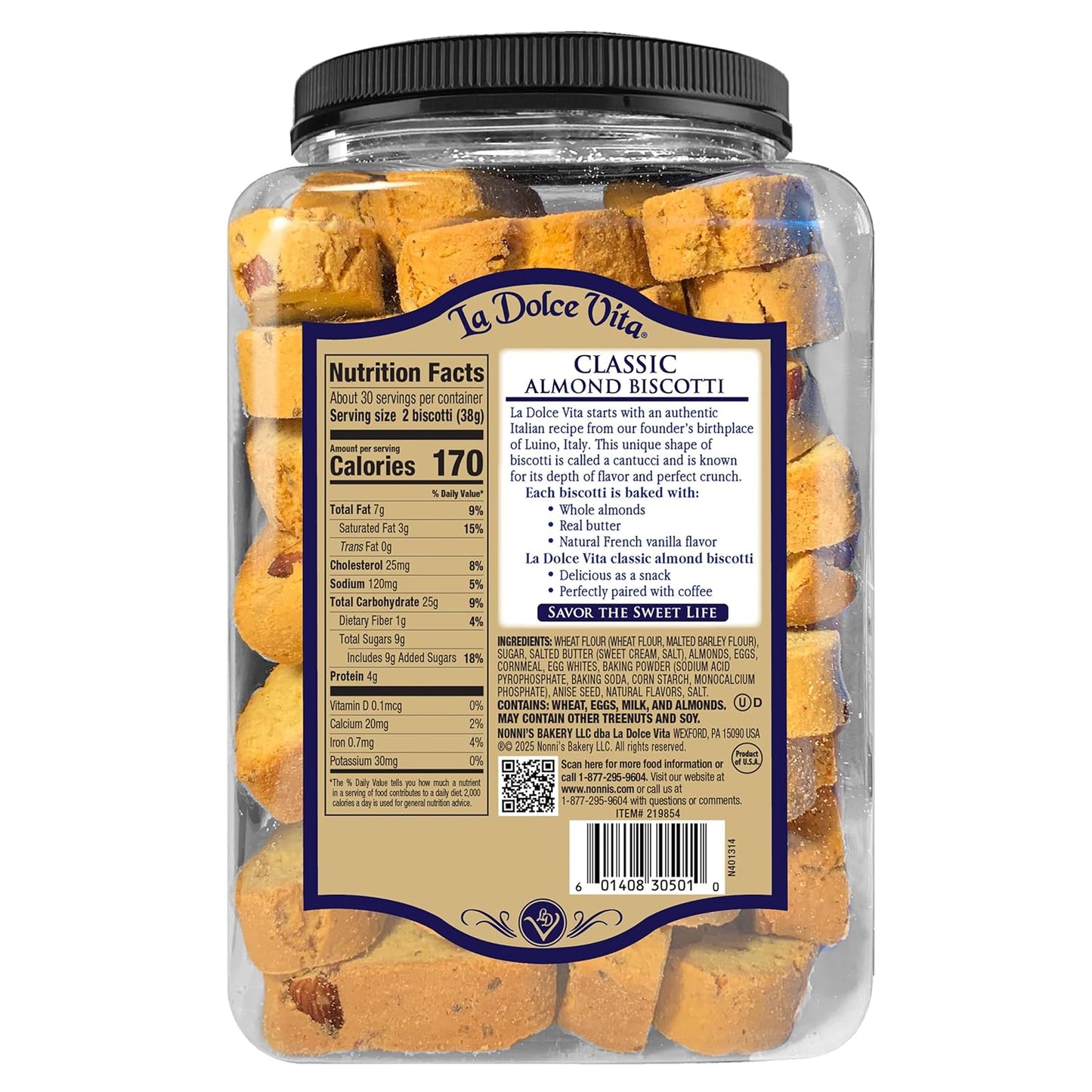 La Dolce Vita Classic Almond Italian Biscotti Cookie Snacks with Whole Almonds, 40 oz. Jar, 30 Servings (Pack of 1)