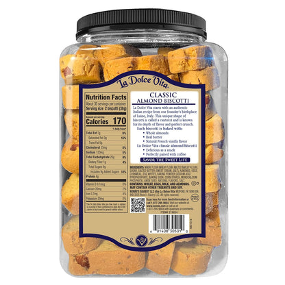 La Dolce Vita Classic Almond Italian Biscotti Cookie Snacks with Whole Almonds, 40 oz. Jar, 30 Servings (Pack of 1)