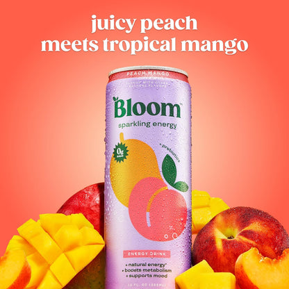 Zero sugar Peach Mango energy drink by Bloom Nutrition