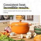 Orange enamel Dutch oven with lid for stovetop cooking